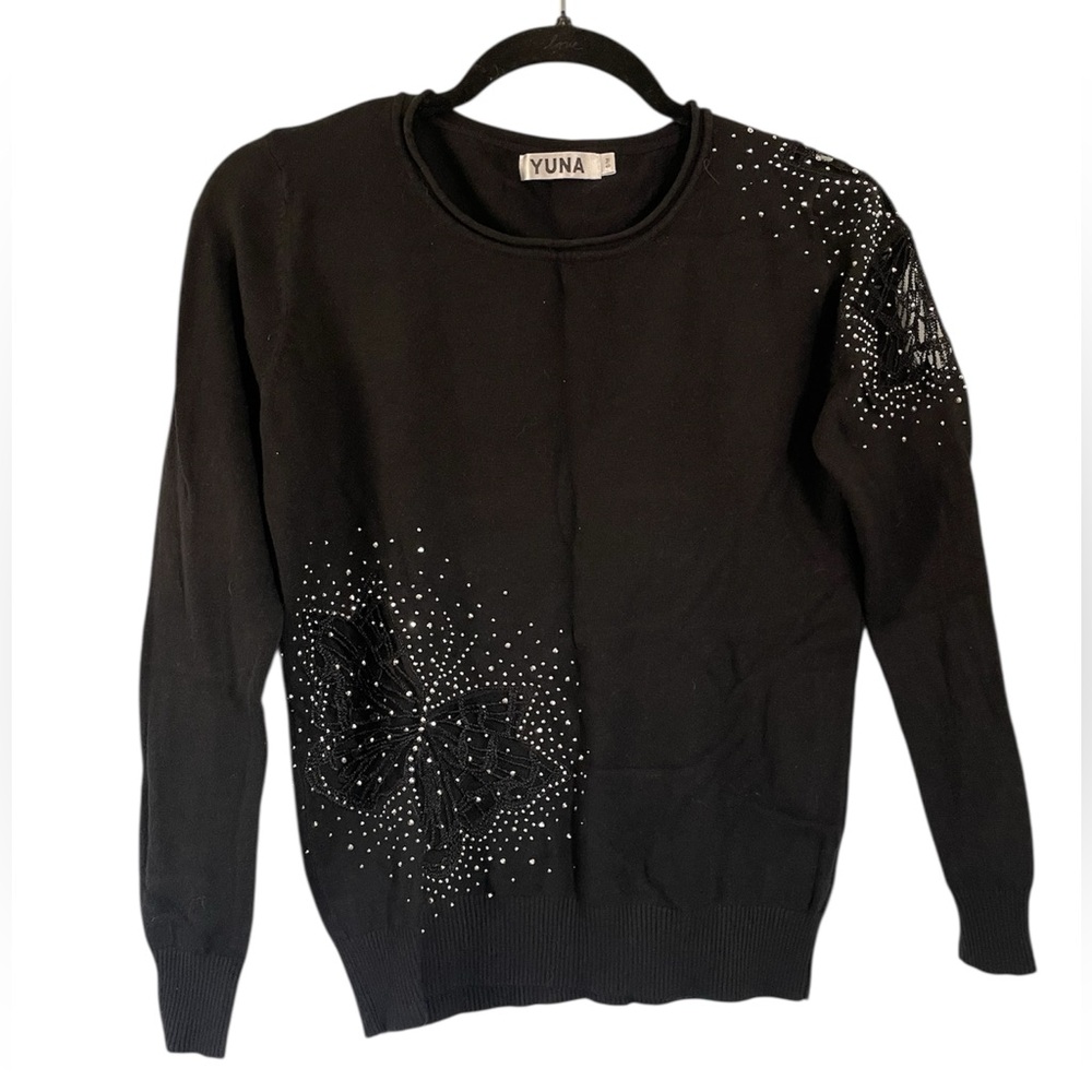 Yuni Fashion Women's S/M Black Embellished Crew Neck Sheer Butterfly Detailing